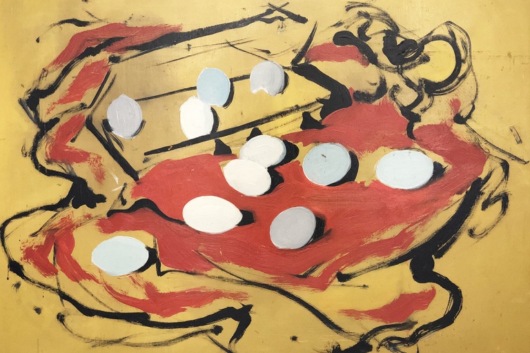 "Eggs on Red" - painting by Jean Wagner Troemel - 24in x 30in