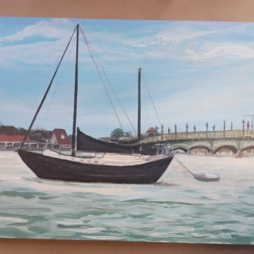 Big Sail and Little Dingy by the Bridge