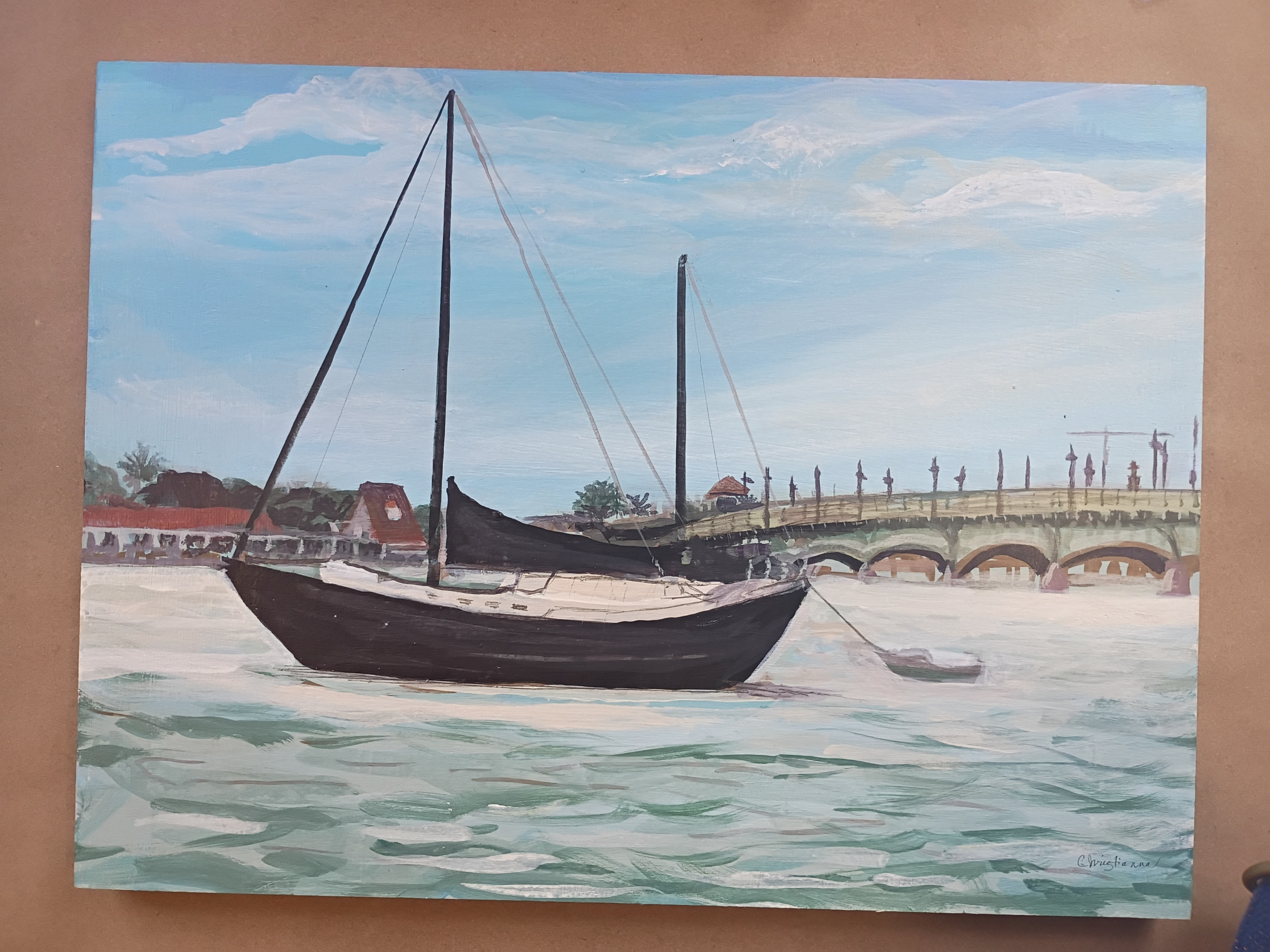 Big Sail and Little Dingy by the Bridge
